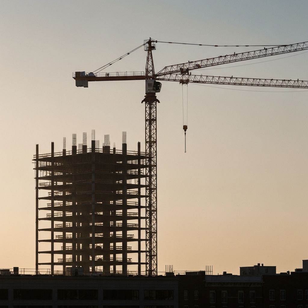 A tower crane silhouetted against the dawn sky over the exposed steel skeleton of a high-rise construction site in an American city.