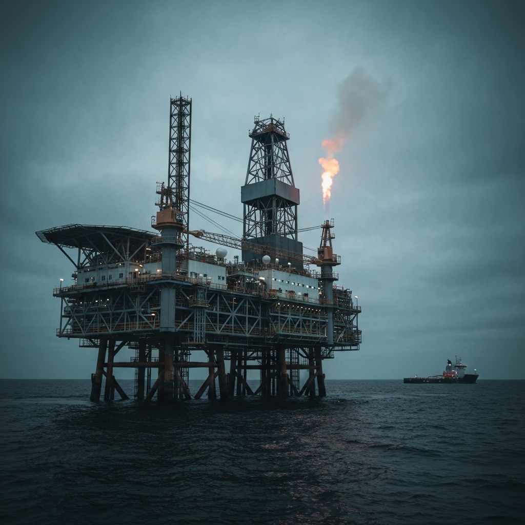 A large offshore oil and gas drilling rig rising from dark water in the Gulf at twilight, with derrick towers and a flare stack visible against an overcast sky.