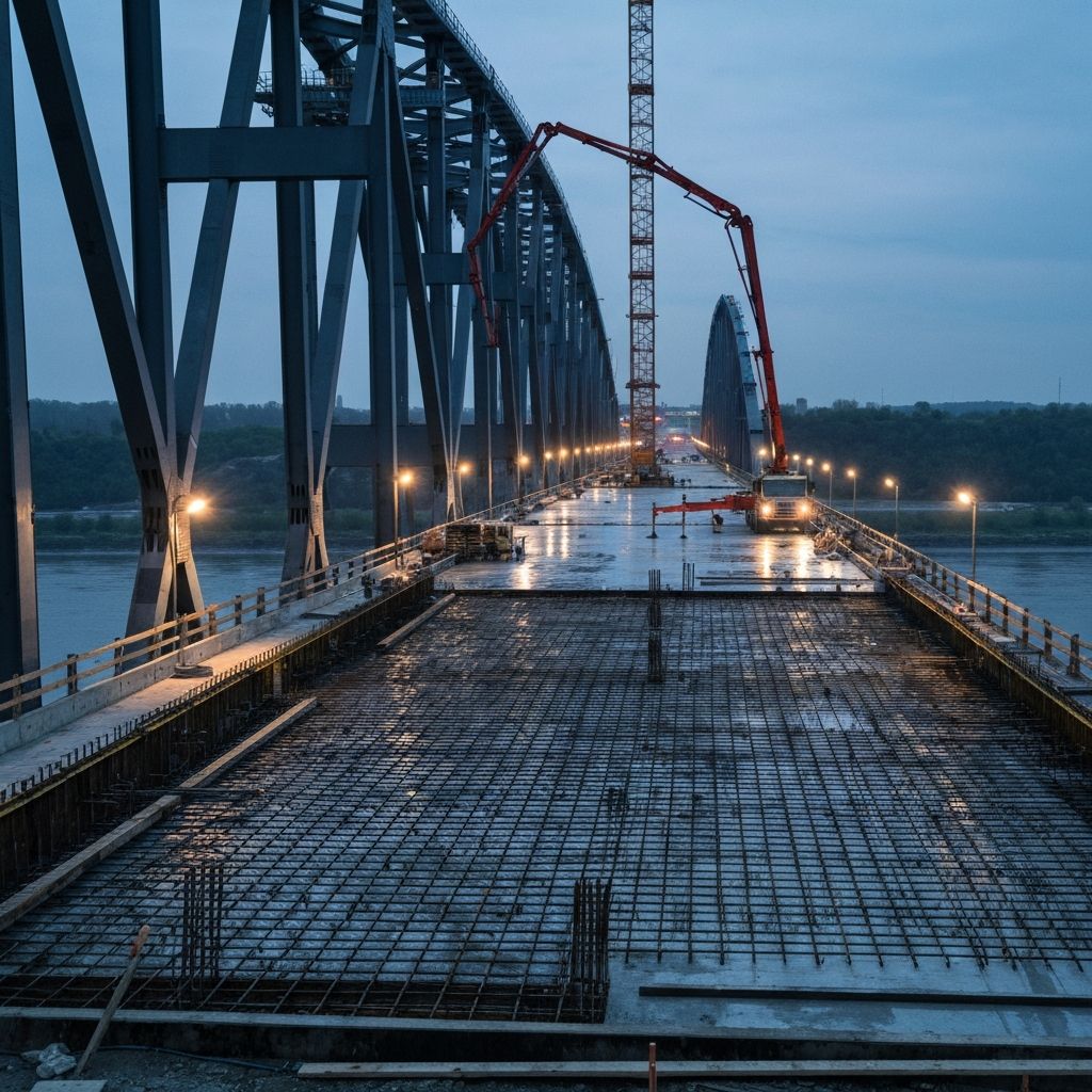 A long highway bridge under construction at dusk, with an exposed concrete deck mid-pour, steel girders stretching across a river valley, and floodlights illuminating wet concrete.