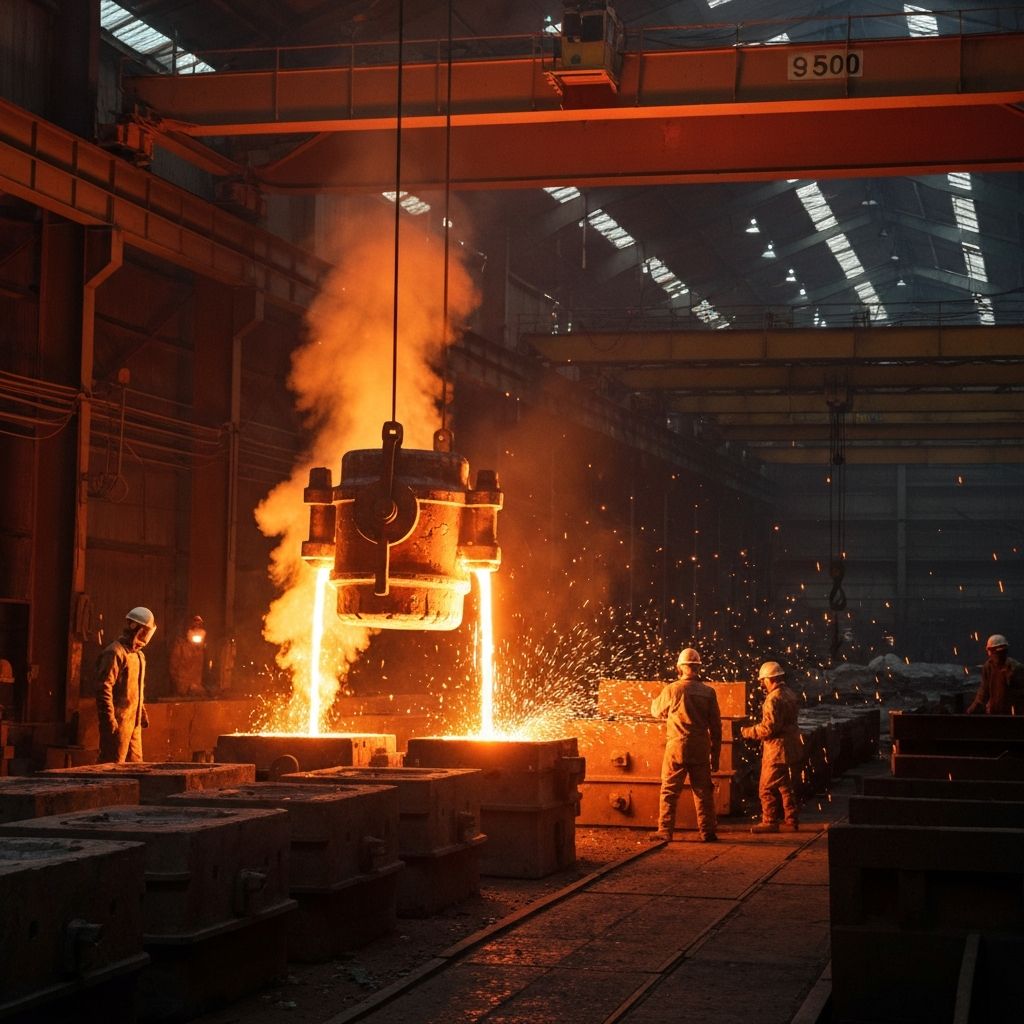 Inside a heavy steel foundry, a massive ladle pouring glowing molten steel into casting molds, with sparks flying and workers in heat suits visible in the background.