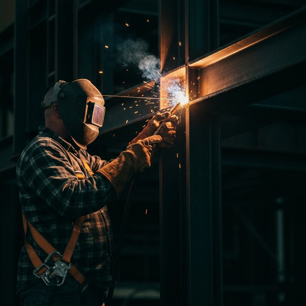 Close-up of a journeyman ironworker arc-welding a structural steel beam at night, with bright sparks and a hot orange weld arc lighting the welder's helmet and heavy leather gloves.